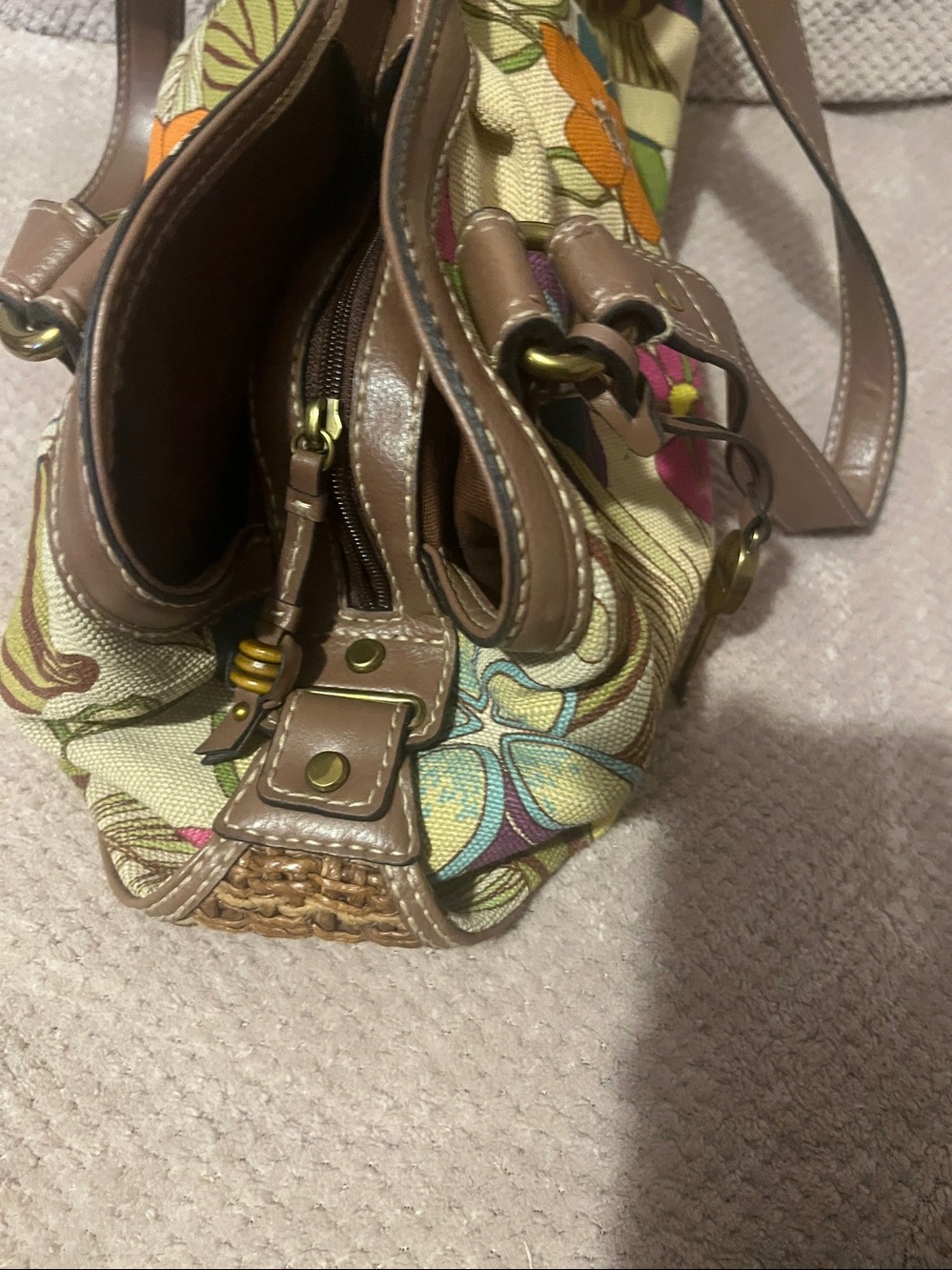 Floral Fossil Canvas Shoulder Bag with Brown Leather Handles - Picture 4 of 11